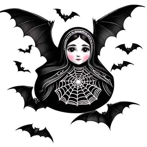 babushka doll spiderweb patterns surrounding bats flying across tattoo design idea