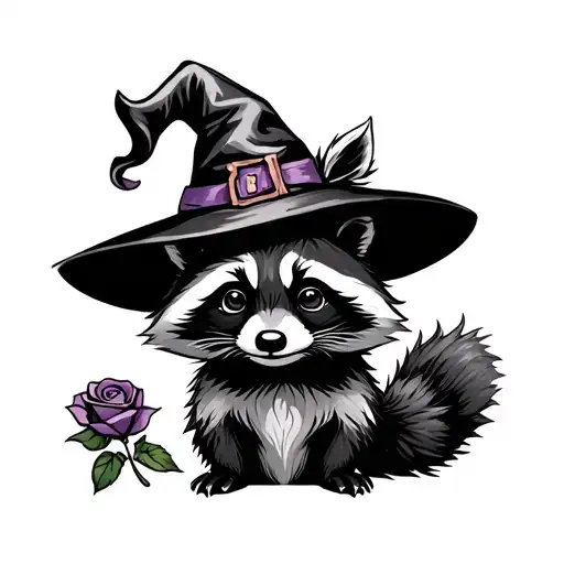 raccoon wearing a witch's hat and holding a rose tattoo design idea