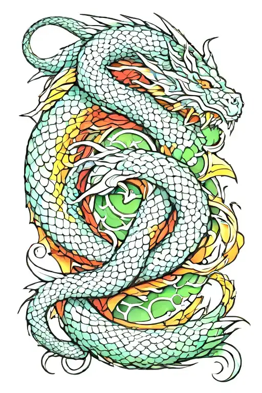 letter T covered with dragon scales on white background, use red, yellow and green colors tattoo design idea