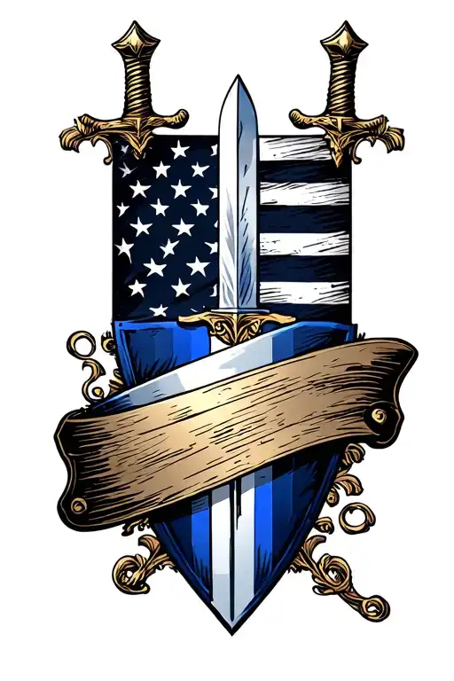 Sword, Shield and thin blue line flag inside surrounded tattoo design idea
