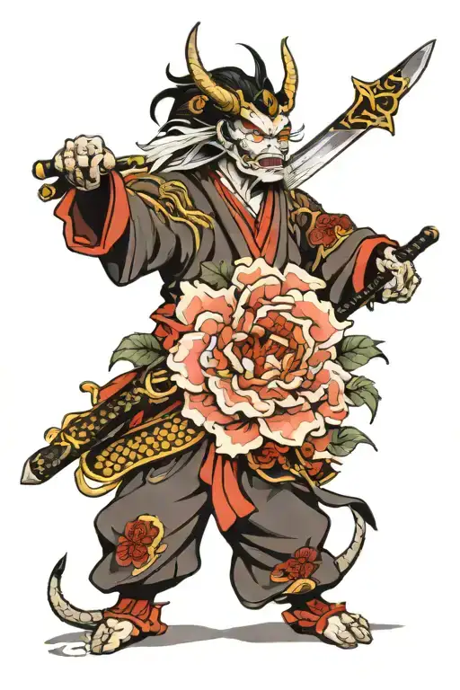 demon samurai dragon samurai saber flowers tattoo design idea