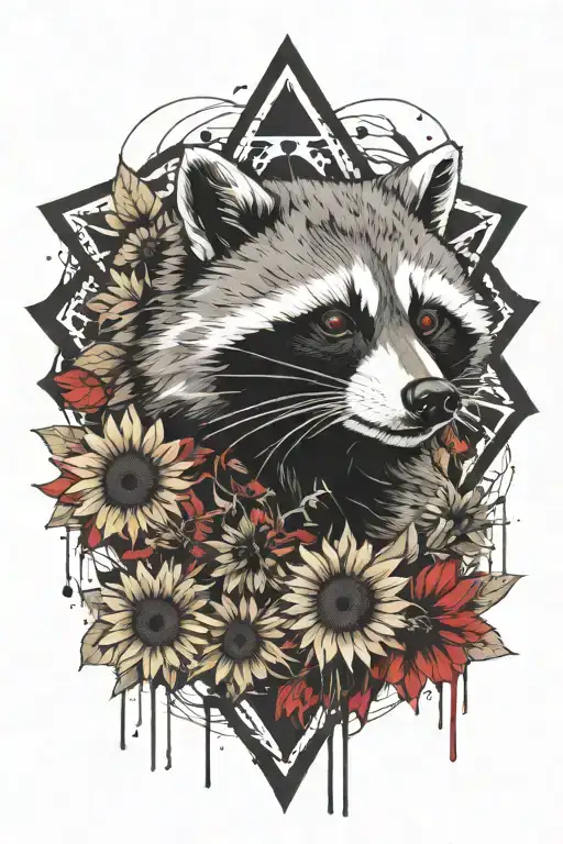 racoon, sunflowers tattoo design idea