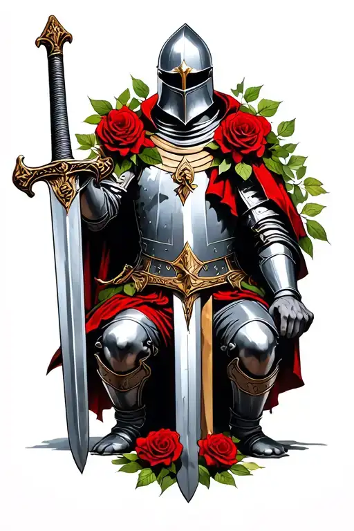 Crusades templar knight Kneeling on one knee holding a sword with red roses tattoo design idea