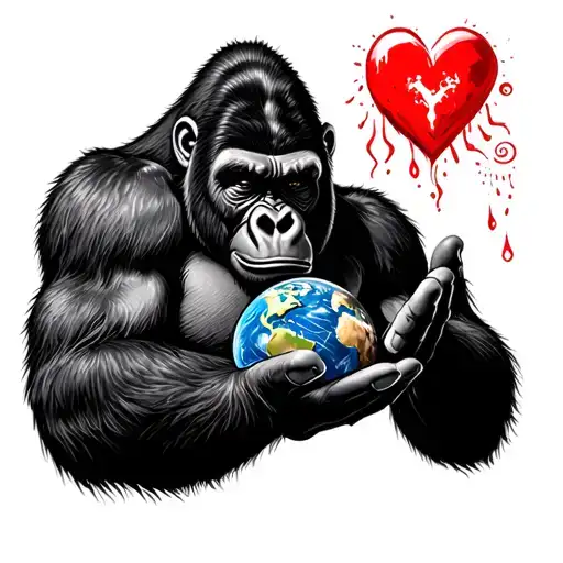 Gorilla with the world in his hand with a heart in his other hand with a one shed tear  tattoo design idea