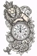 lion, clock and cross with crown tattoo design idea