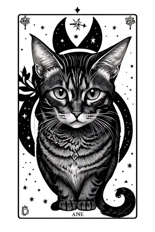 Tarot card, Gemini zodiac, mystic, stars, moon-sun, mine caracter: two headed sphyx cat. Technic: pont shaded, ink line  tattoo design idea