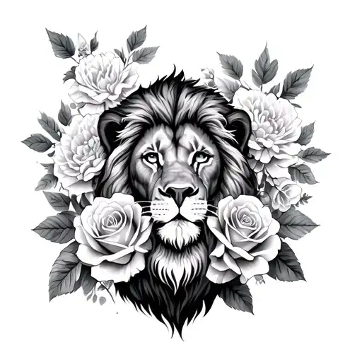 lion and roses and carnation flowers tattoo design idea