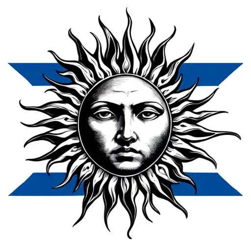 the sun from the Uruguayan flag with the face and the Greek meander in the inside in between the face and the flames tattoo design idea