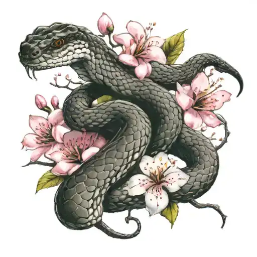 snake and cherry blossom flowers tattoo design idea