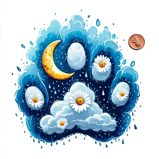 a outlined dog paw print with rain clouds, daisy's a crescent moon and some how add a penny all inside the paw print  tattoo design idea