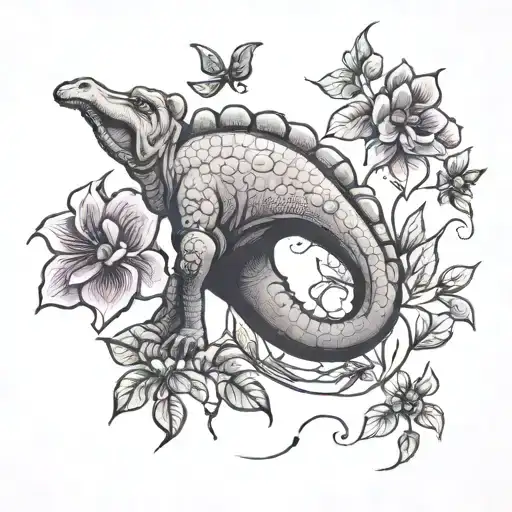 brontosaurus and violet flowers  tattoo design idea