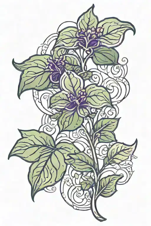 art nouveau basil plant growing in green and purple tattoo design idea