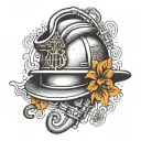 A dotwork tattoo of a firefighter's helmet with a musical note and anchor, representing your dedication to both firefighting and the navy tattoo design idea