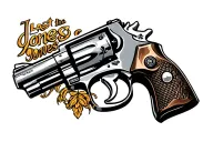 the last name jones in the shape of a revolver pistol tattoo design idea