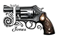 the last name jones in the shape of a revolver pistol tattoo design idea