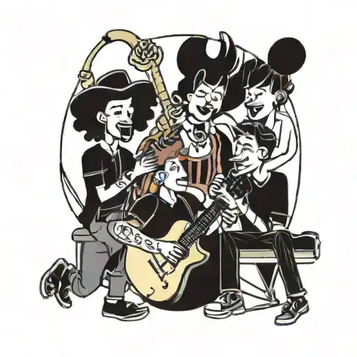 A tattoo design of a group of friends enjoying drinks together, with musical instruments in the background tattoo design idea