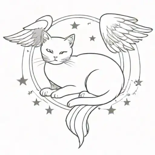 cat with grey fur, angel wings, white chest, grey stripes, half moon, stars tattoo design idea
