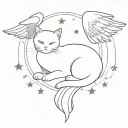 cat with grey fur, angel wings, white chest, grey stripes, half moon, stars tattoo design idea
