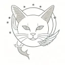 cat with grey fur, angel wings, white chest, grey stripes, half moon, stars tattoo design idea