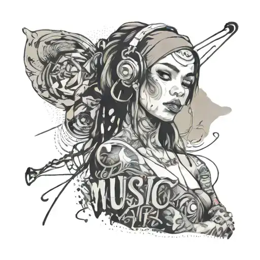 Sensual woman on hip hop background with tattoos on her face saying music tattoo design idea