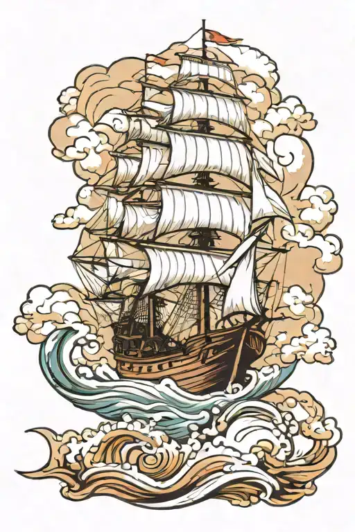 Galleon Ship bow 3/4  clouds, rough sea waves tattoo design idea