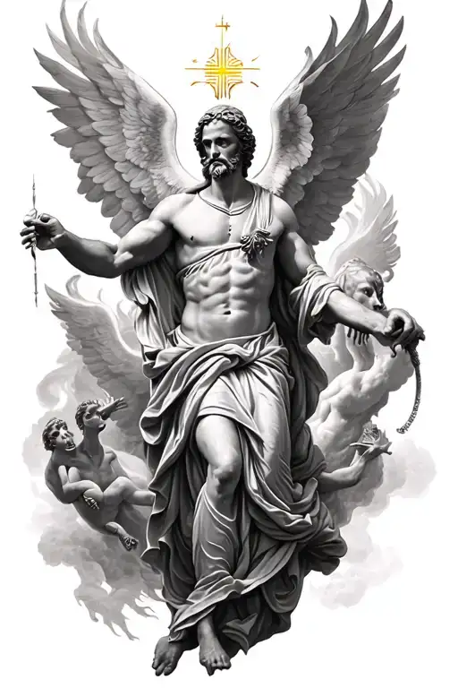 catholic battle of heaven and hell tattoo design idea