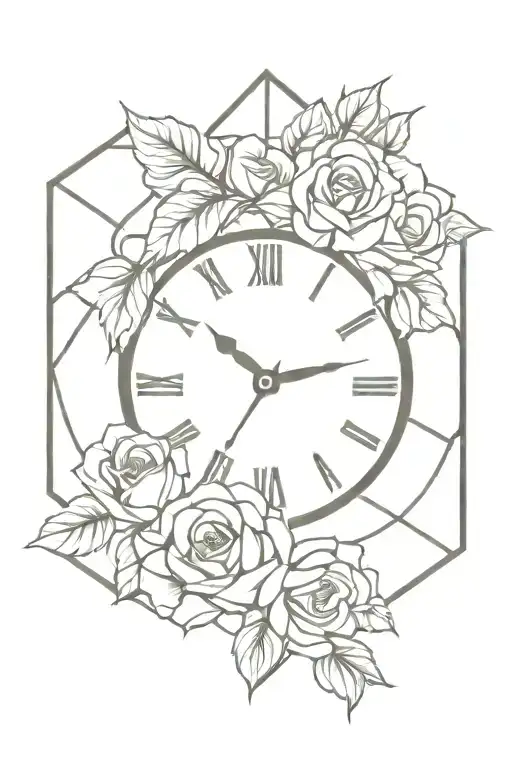 Clock inside cross made of roses intertwined tattoo design idea