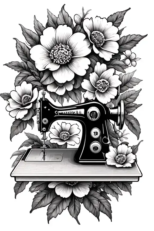 Sewing machine, thread, flowers blooming tattoo design idea