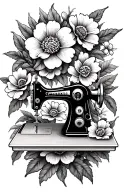 Sewing machine, thread, flowers blooming tattoo design idea