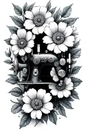 Sewing machine, thread, flowers blooming tattoo design idea