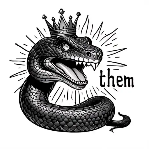 Friendly snake wearing a crown eating the words “let them” with a sun  tattoo design idea