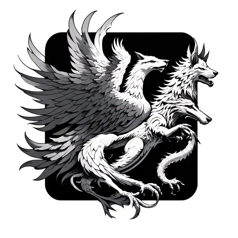 wide rectangular tattoo design featuring a Phoenix, Wolf, and Leviathan, integrated subtly into a single composition. Bl tattoo design idea