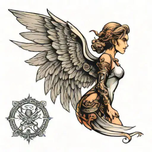 side view of female angel warrior tattoo design idea