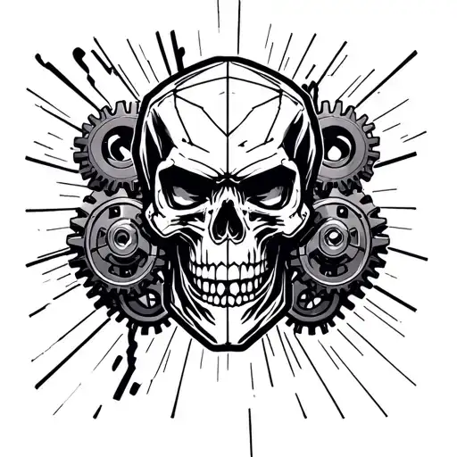 gearhead skull adrenaline filled scene with a background imitating an optimistic vision. more aggressive squarecut gears tattoo design idea