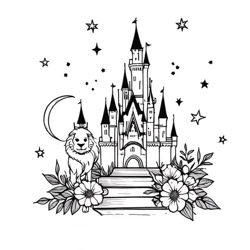 disney castle, flowers, stacked books girl lion, moon, stars tattoo design idea