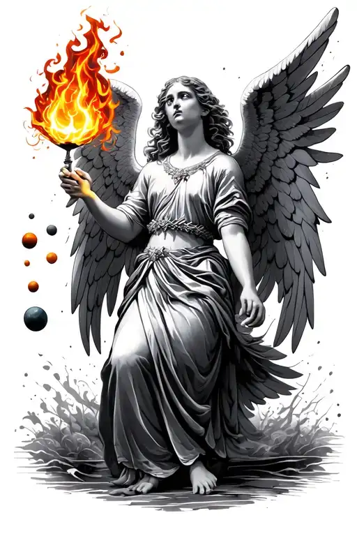illustrative angel juggling fire tattoo design idea