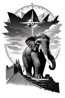 moai and elephant standing on great wall of China that leads to the Sydney opera house with compass in background tattoo design idea
