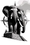 moai and elephant standing on great wall of China that leads to the Sydney opera house with compass in background tattoo design idea