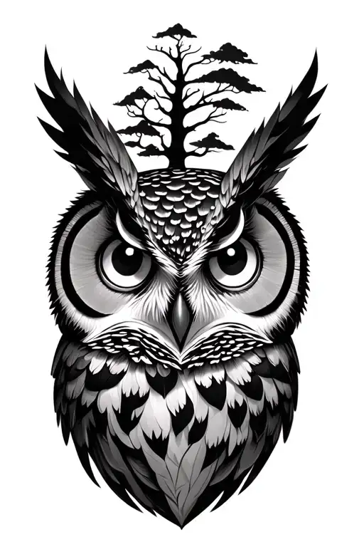 owl eyes with trees tattoo design idea