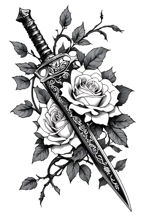 Japanese Blade and Roses tangled simbolizing war and fragility  tattoo design idea