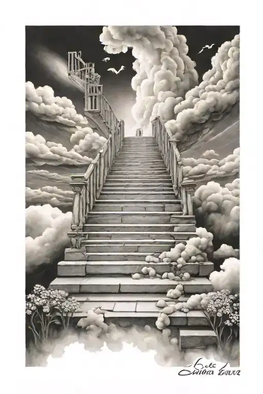 stairs to heaven with clouds and footsteps going up the stairs including the date "5/8/62-3/12/2022 tattoo design idea