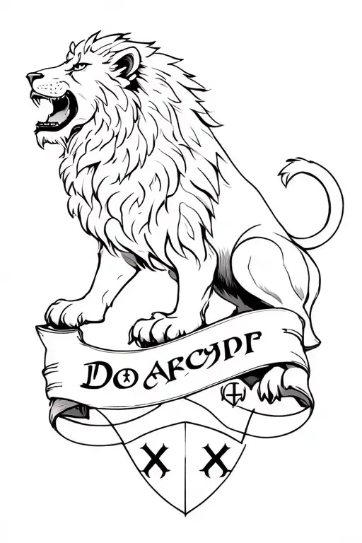 Norse mythology inspired tattoo featuring lion with 3 runes and a banner to place a name tattoo design idea