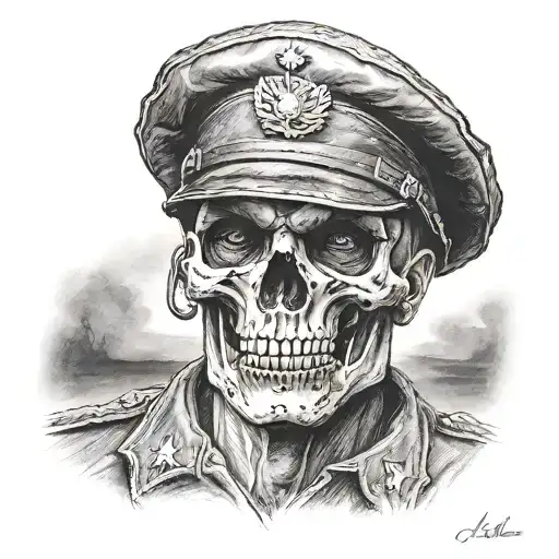 WWII soldier face half skull realism tattoo design idea