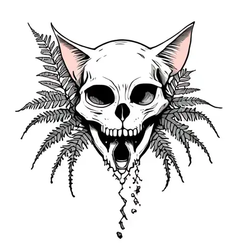 cat skull with ferns behind it a spider descending from its web on the cats tooth tattoo design idea