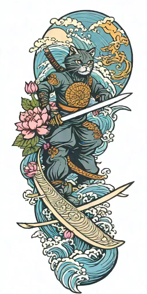 ninja cat surfing on a katana sword, tail, water, waves, lotus, sakura, clouds, whirlpool, leaves, peony tattoo design idea