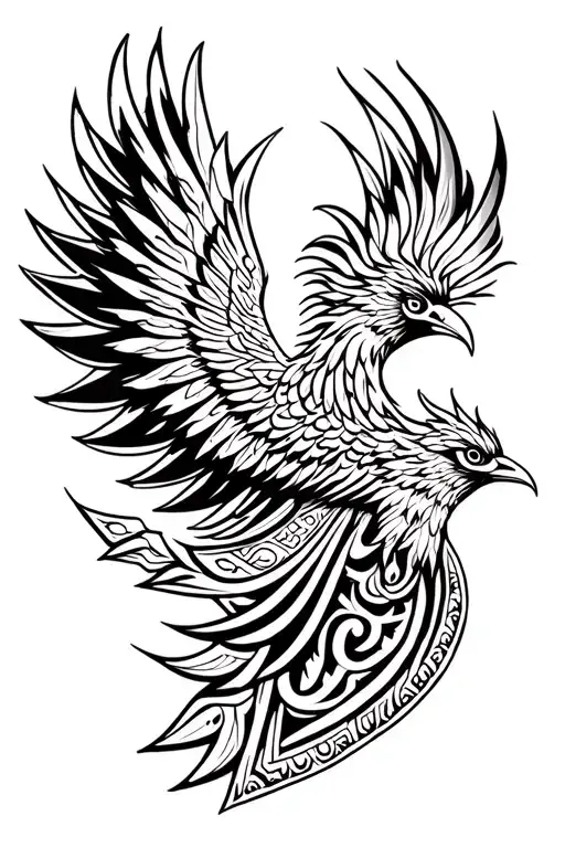Design a Polynesian-inspired tattoo of a powerful phoenix rising upward, wings spread wide with intricate tribal pattern tattoo design idea