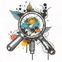 A forensic-themed tattoo featuring a magnifying glass and fingerprints intertwined with colorful paint splatters tattoo design idea