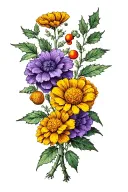 "Cooper" marigold, violet and holly berry plants tattoo design idea