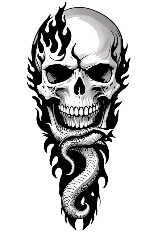 scar incorporated knee tattoo , skull design with fire snake leg sleeve the scar showing in the skulls nose tattoo design idea