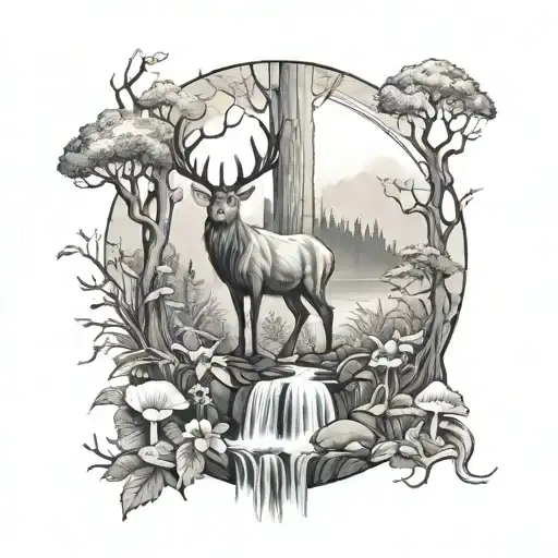 a nature scene with waterfall and single large stag. Some small magic mushrooms and nymphs. tattoo design idea